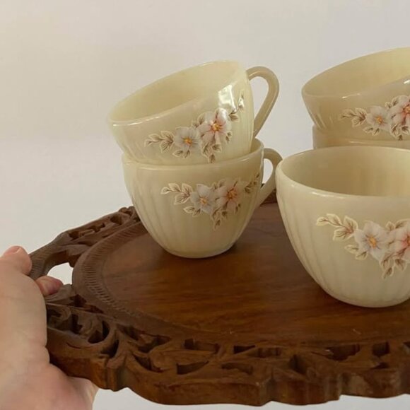 Vintage Set of 5 Teacups - from Brazil - Beige w/ Florals - Picture 2 of 5